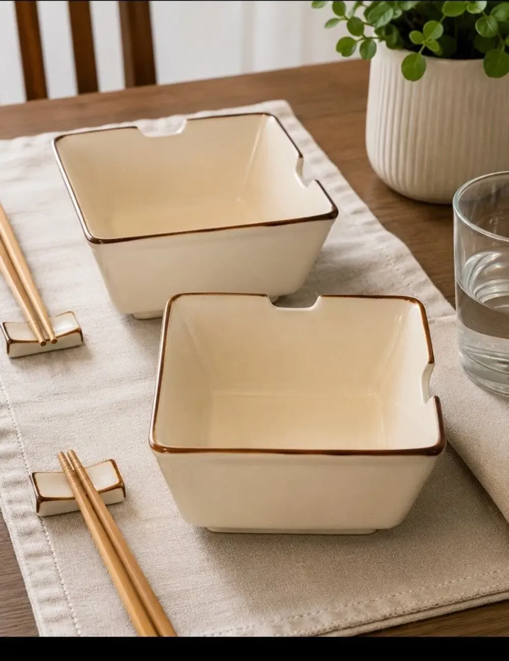 Pottery Barn Square Ramen Rice Noodle Bowl 6” Notch For Chopsticks Cream Putty